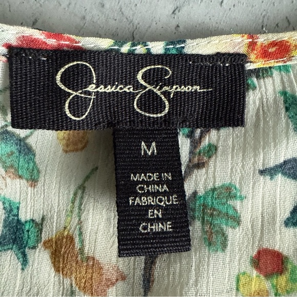Jessica Simpson Floral Top Semi Sheer Ties at Neck and Hem Flutter Sleeve Size M - Picture 6 of 8